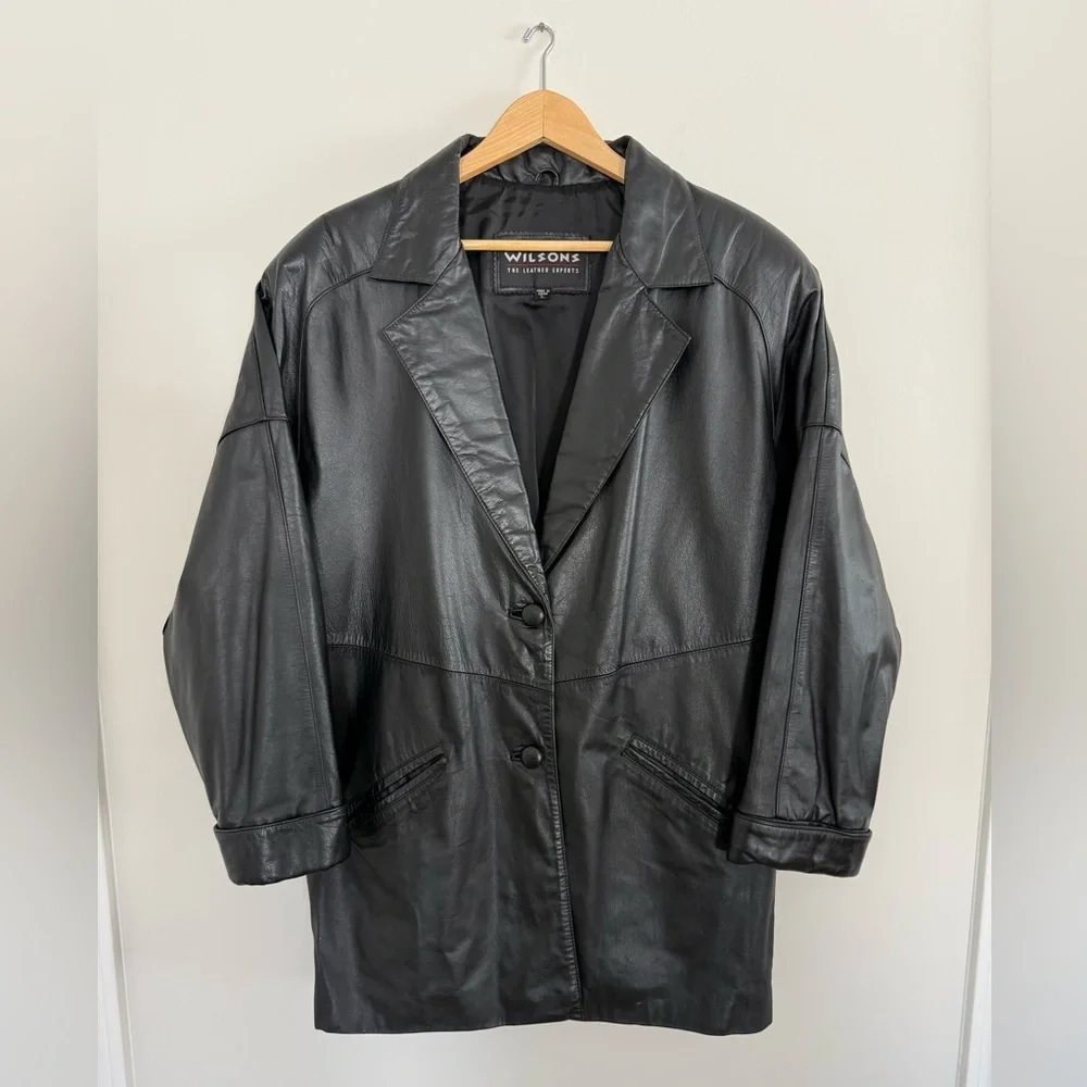 Wilsons Leather Mens Black Leather Jacket Large Button Front Car Coat